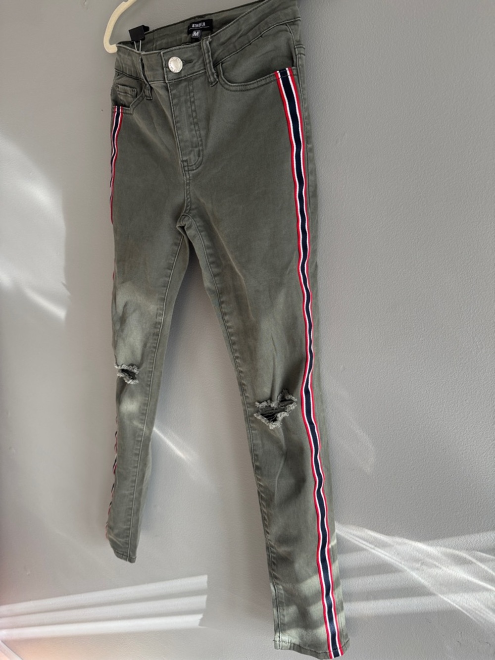 Olive Green Skinny Jeans with Red-White-Blue Side Stripes
